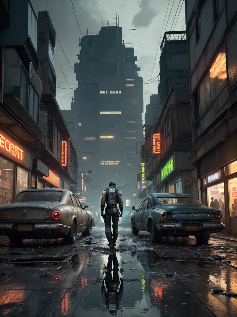 Create a highly detailed and realistic image of a cyberpunk-inspired environment where an astronaut stands at the edge of a worn platform, gazing at a sprawling, futuristic street in an older, gritty neighborhood. The scene is set in a dimly lit urban space, with weathered buildings that have a retro-futuristic design—modern yet not overly advanced, reflecting a sense of history. Cables dangle haphazardly from the walls, and puddles of rainwater collect on the uneven pavement, creating a reflective sheen. The ground is littered with debris, giving a sense of neglect and realism. Shops with flickering signs line the street, and a couple of dilapidated cars are parked nearby, hinting at a life once bustling. Neon lights glow softly, providing a moody atmosphere without overwhelming the scene. The perspective should be from a camera placed on the ground, focusing on the astronaut in the center, capturing the scene as if taken at ground level, enhancing the sense of depth and realism. The environment feels alive and vibrant, blending the charm of the past with the innovation of the future.