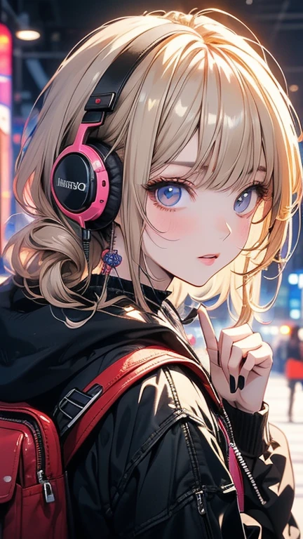 (masterpiece:1.4)、(Highest quality:1.4)、Anime girl with headphones and backpack looking at cell phone, Anime Style 4k, (Very delicate and beautiful face), (Beautiful eyes in every detail), デジタルAnime Art, Nightcore, Digital anime illustration, Anime Art, Super Detail, cyber punk,