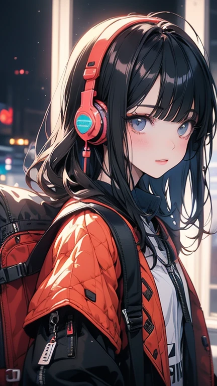 (masterpiece:1.4)、(Highest quality:1.4)、Anime girl with headphones and backpack looking at cell phone, Anime Style 4k, (Very delicate and beautiful face), (Beautiful eyes in every detail), デジタルAnime Art, Nightcore, Digital anime illustration, Anime Art, Super Detail, cyber punk,