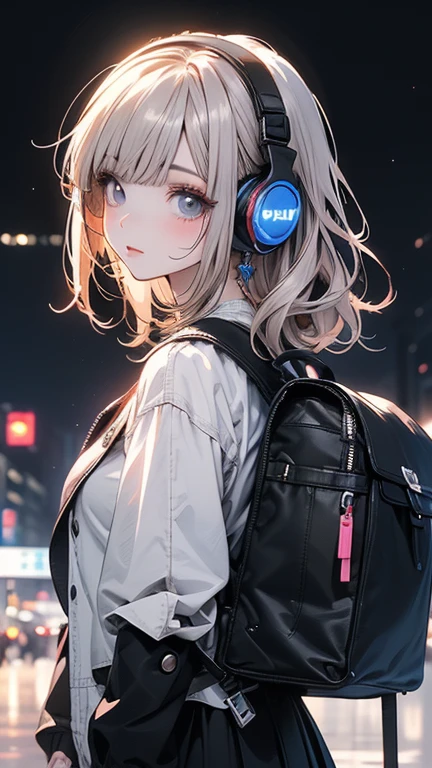 Teenage girl with drill ponytail, wearing black hoodie and medium length skirt, blue eyes, grey background, wearing headphones, nervous