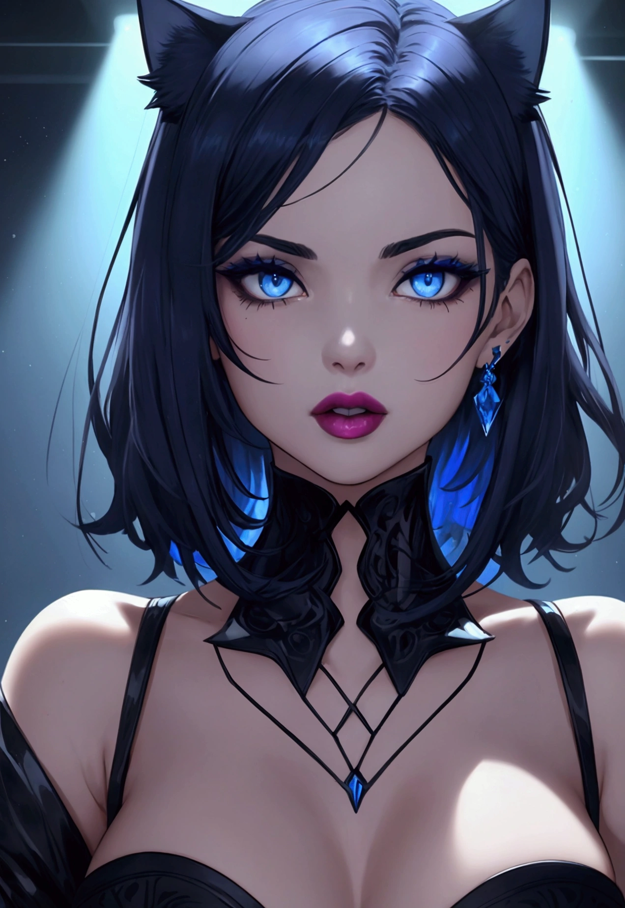 (Canon 50),(Rendered by octane),8k, seducer, symmetrical face, Dramatic cinematic lighting, (very strong blue lighting from behind), (light orange glow on the left side, Dramatic +2, hyper realist, spirited, very sexy pose. 1womanl, detail on the face, Focus on the face, straight short hair, bangss, hyperrealistic eyes, feline-shaped eyes, blue color background, highlight on lips that show fissures, lips with pink lipstick, half-open mouth showing part of the tooth. Black makeup on gated eyes. (distribution of monochromatic colors mathematically harmonized to the sound of Beethoven's ninth symphony
