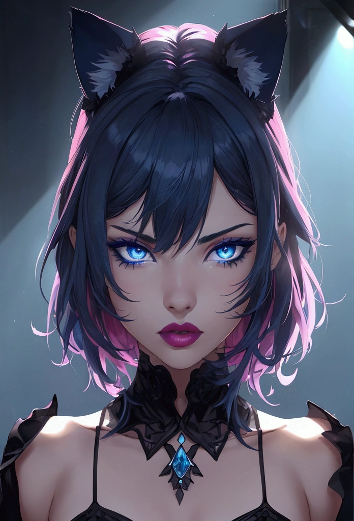 (Canon 50),(Rendered by octane),8k, seducer, symmetrical face, Dramatic cinematic lighting, (very strong blue lighting from behind), (light orange glow on the left side, Dramatic +2, hyper realist, spirited, very sexy pose. 1womanl, detail on the face, Focus on the face, straight short hair, bangss, hyperrealistic eyes, feline-shaped eyes, blue color background, highlight on lips that show fissures, lips with pink lipstick, half-open mouth showing part of the tooth. Black makeup on gated eyes. (distribution of monochromatic colors mathematically harmonized to the sound of Beethoven's ninth symphony