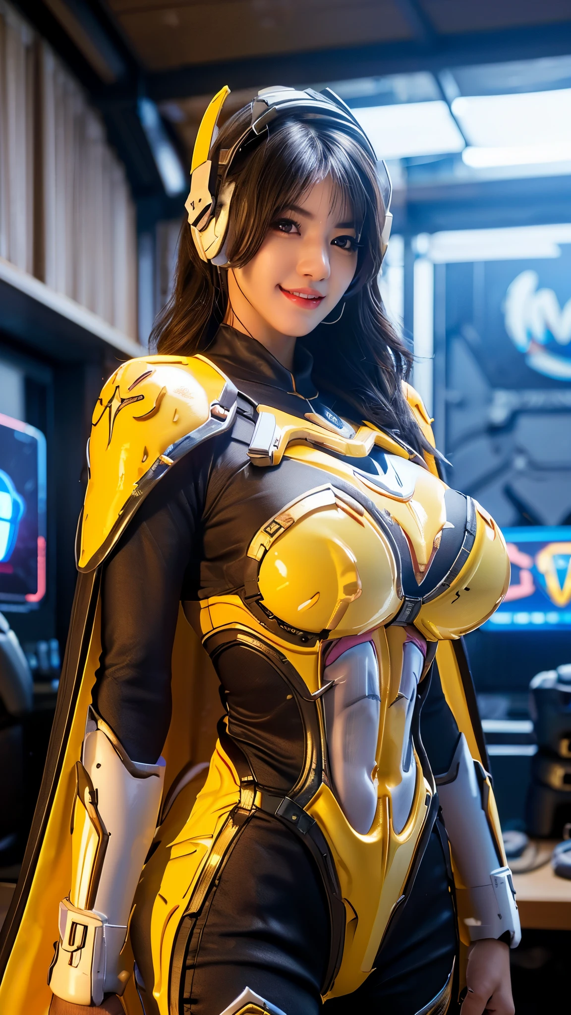 vonnyfelicia, CLOSE UP UPPER BODY,solo, COWBOY SHOT, ((E-SPORT HEADPHONE, WAVY BLODE HAIR:1.4)), (GIGANTIC FAKE BREASTS,11 LINE ABS:1.5), (TIGHT YELLOW FUTURISTIC MECHA BODYSUIT OVERWATCH, ROYAL LONG CAPE:1.5), (MUSCULAR SLENDER BODY SHAPE:1.5), (CLEAN GLOSSY BODYSKIN:1.5), (LOOKING AT VIEWER:1.6), (BACKGROUND FUTURISTIC SPACE STATION:1), (Photorealsitic:1.4), (Ultra-detail), (TOP-QUALITY), (BEST SHADOWS), BRIGHT LIGHT IN ROOM, HYPER TEXTURE, (4X MSAA), ((UNREAL ENGINE 5 RENDER)), (NEON), PHYSICALLY-BASED RENDERING, ULTRA HIGHT DEFINITION, 16K, 1080P.