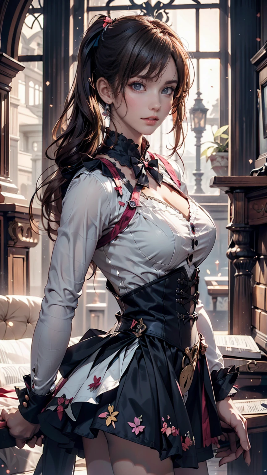 (Highest quality), Dark fantasy, Big sword, Magical girl, Frilled dress、Micro mini flare skirt(I can see your pants)、Gothic, Twin tails, Realistic, Super detailed, High resolution, anime,