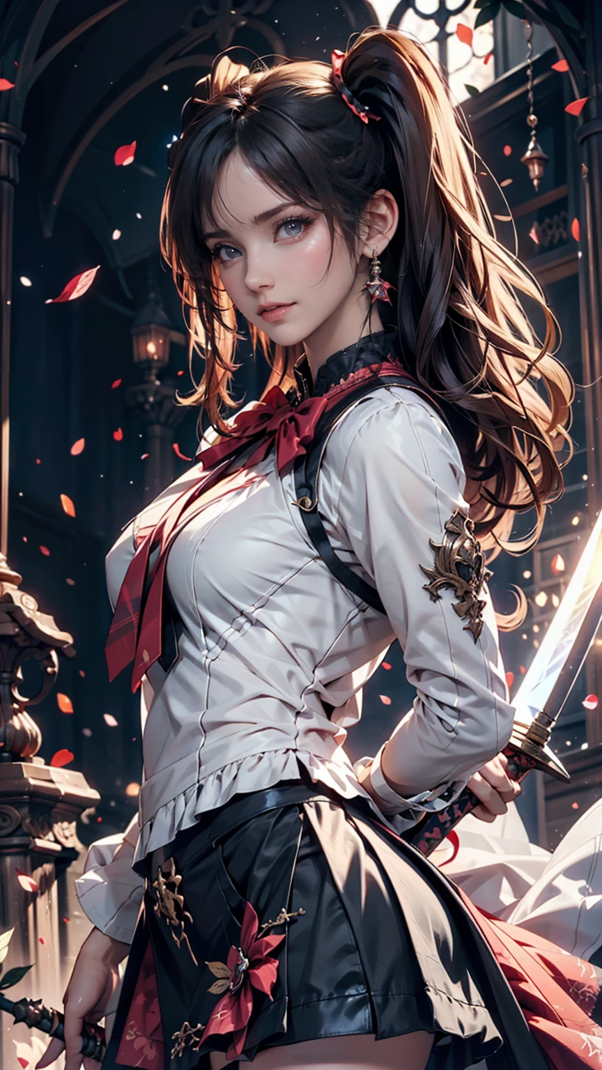 (Highest quality), Dark fantasy, Big sword, Magical girl, Frilled dress、Micro mini flare skirt(I can see your pants)、Gothic, Twin tails, Realistic, Super detailed, High resolution, anime,
