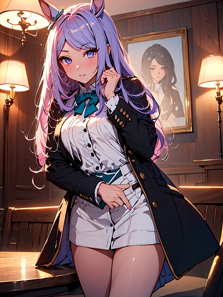 (masterpiece、top-quality、hight resolution、Unity 8k、extremely details CG:1,Best Picture), We capture a woman who has just been discovered as a call girl by a man she is familiar with. Despite the awkward situation, she tries to remain calm and professional. She speaks with a mixture of resignation and determination." Please treat me like any other call girl. Thank you for choosing me. Please feel plenty comfortable with me and please pucker up a lot." The setting is a dimly lit room, and the focus is on her efforts to maintain a professional, if nervous, demeanor in her call girl attire. nsfw, (((slut))), MejiroMcQueen