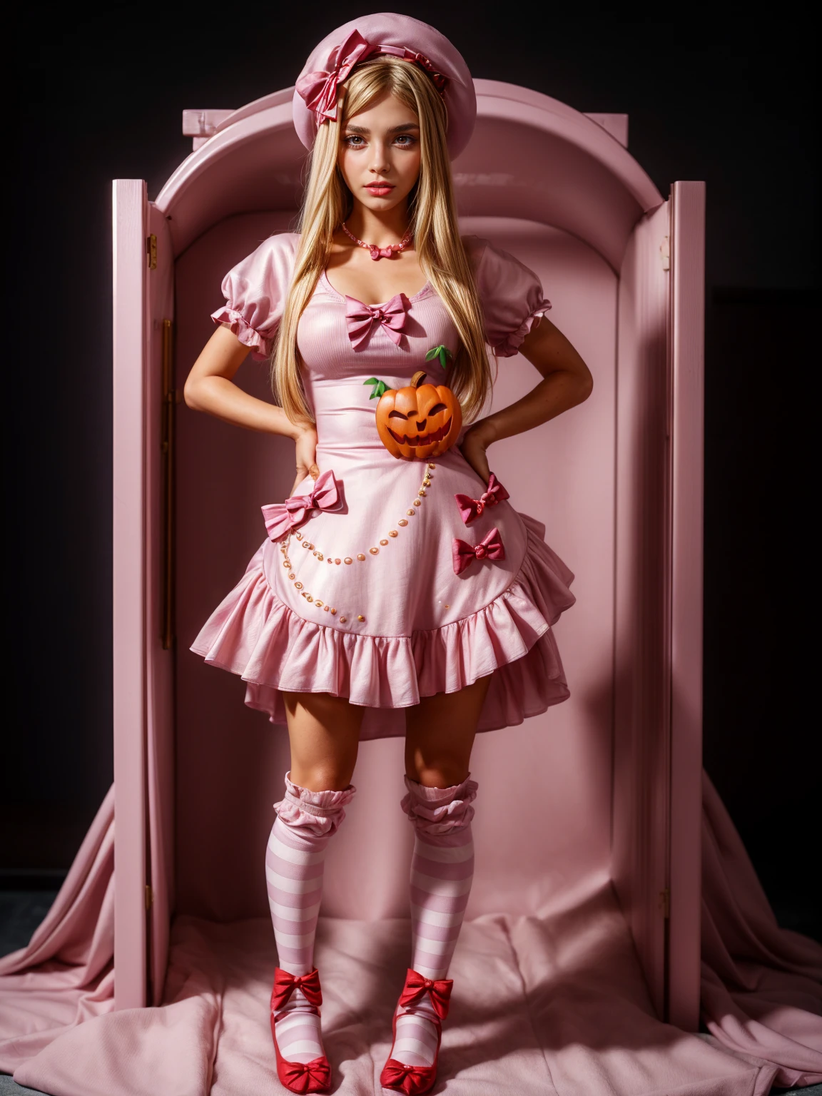 (1 lady), The beautiful, (Best quality at best:1.4), (ultra - detailed), (extremely detailed CG unified 16k), gold blonde hair, very detailed, High-definition RAW color photo, professional photoshooting, amazing face and eyes, cosmetics, (amazingly beautiful girl), ((lambdadelta, taller, tall woman)), ((dress, shoes bow, red shoes, striped stockings, red bow, pink hat, necklace, gloves, pearl, pumpkin brooch, pink dress)), levitating in a cute posture (floating in the air), (She's levitating in a cosmic sea, outer space:1.3, quantum hyperspace room lacking walls, hyperspace chamber, extremely detailed background, a lot of details background, realistic background), (look from above), realistic cinematic face, head to feet long wide zoomed out view, full body long view, photorealistic, ((realistic natural blonde hair style, red eyes)), gorgeous, extremely beautiful face, perfect model beauty, pout mouth, Highly Detailed Face and Skin Texture, Detailed Eyes, Double Eyelids, Big Breasts, Persistent Stare, Faith Trance, (mystical stare, looking eternity), (masterpiece), best quality, high resolution, depth of field, cinematic lighting, amazing legs, pink combat boots, clear and well-cared skin