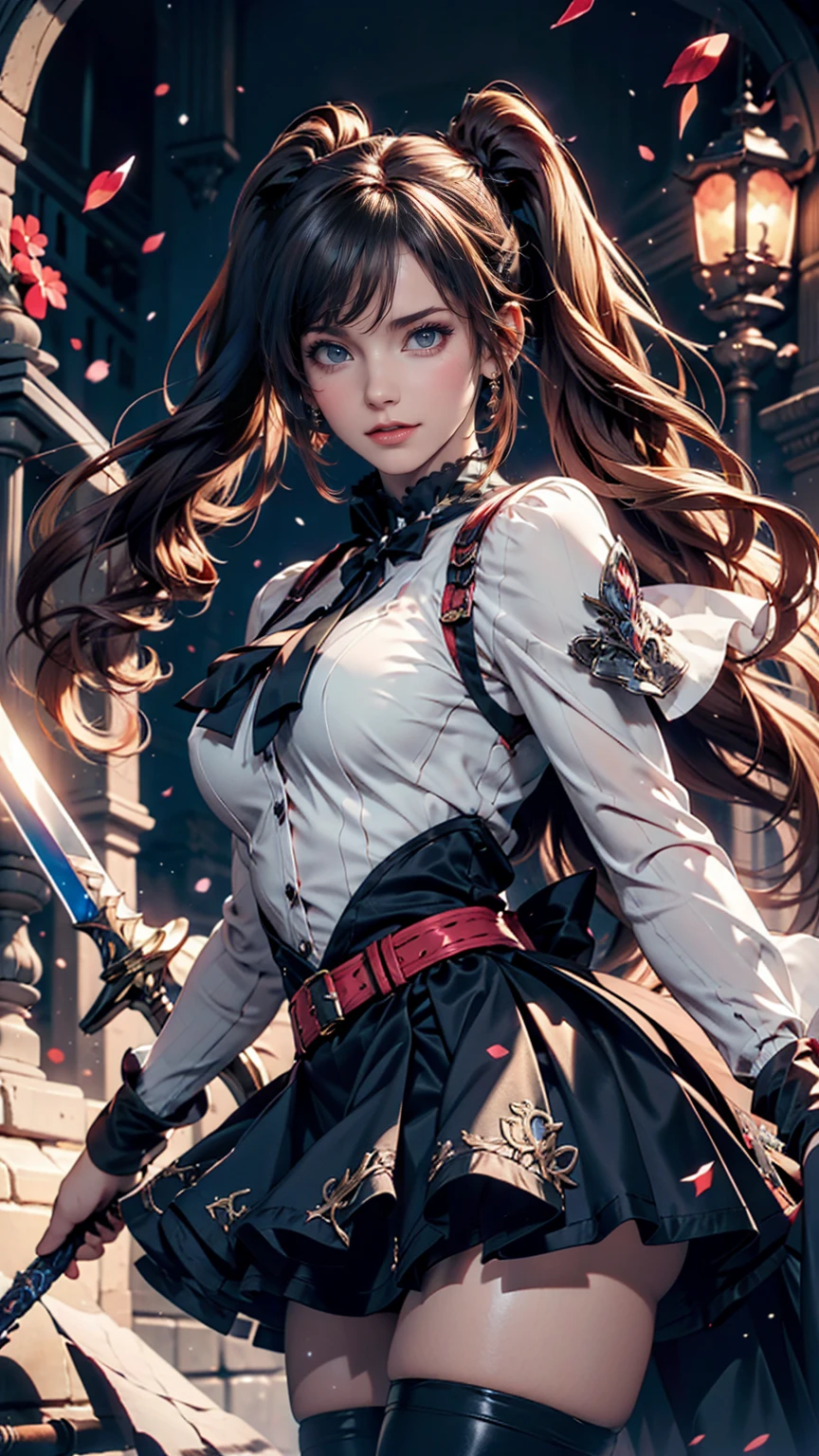 (Highest quality), Dark fantasy, Big sword, Magical girl, Frilled dress、Micro mini flare skirt(I can see your pants)、Gothic, Twin tails, Realistic, Super detailed, High resolution, anime,