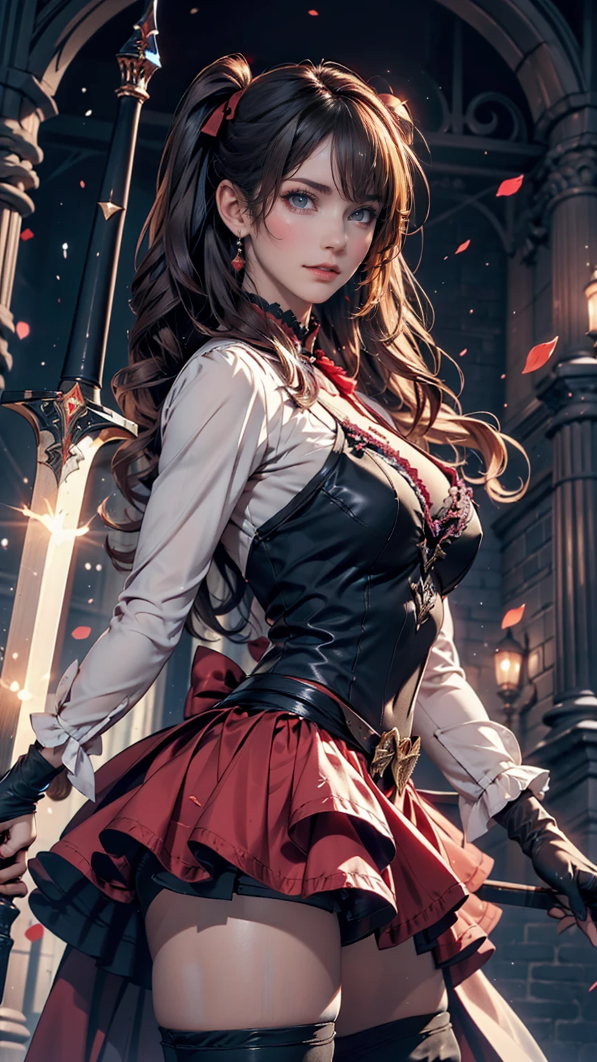 (Highest quality), Dark fantasy, Big sword, Magical girl, Frilled dress、Micro mini flare skirt(I can see your pants)、Gothic, Twin tails, Realistic, Super detailed, High resolution, anime,