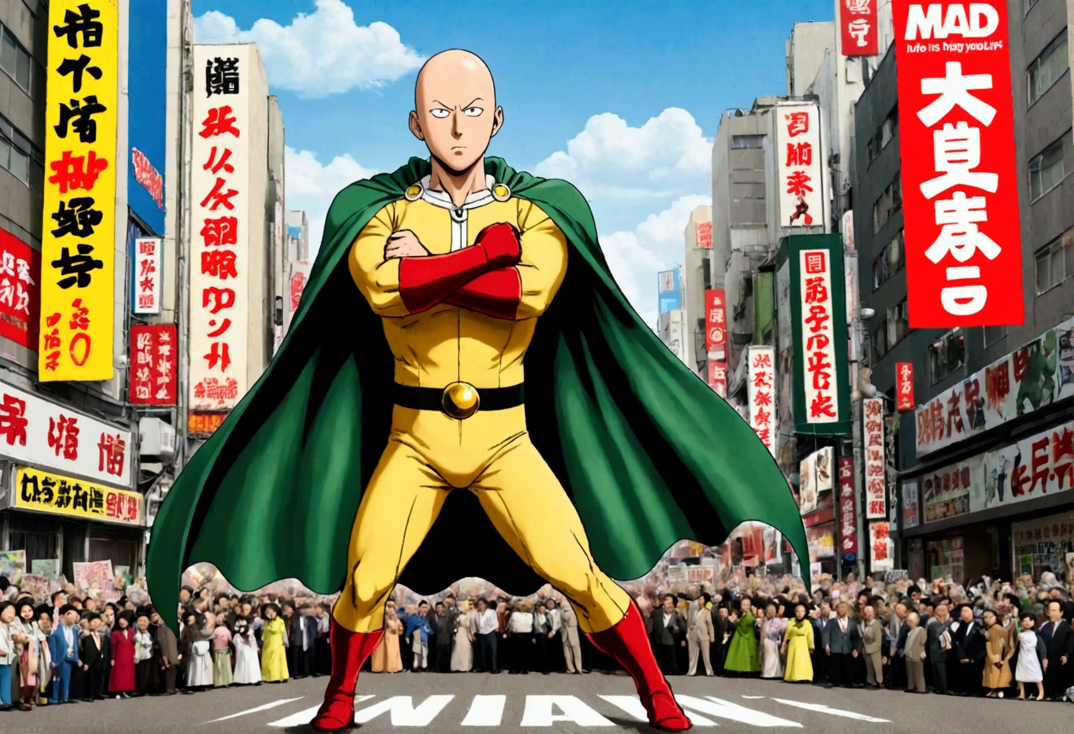 (Mad Magazine cover) Alfred E Newman as One Punch man Saitama in a heroic pose with classic Newman smile, Tatsumaki (extremely sexualized, big butt, big boobs, classic dress) very mad jumping up and down yelling at Saitama, bloody remains of a beast all over the crowd and downtown Tokyo