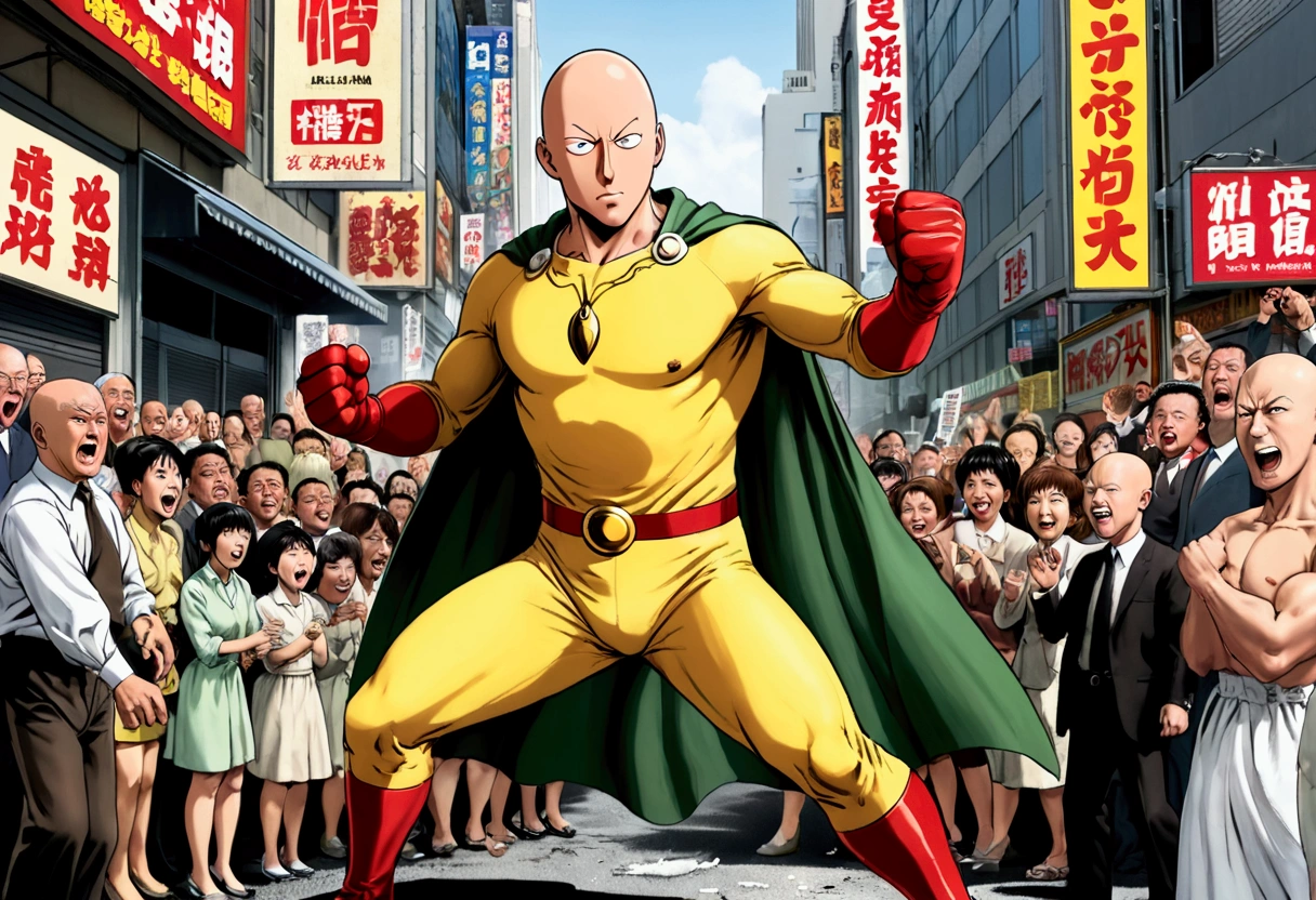 (Mad Magazine cover) Alfred E Newman as One Punch man Saitama in a heroic pose with classic Newman smile, Tatsumaki (extremely sexualized, big butt, big boobs, classic dress) very mad jumping up and down yelling at Saitama, bloody remains of a beast all over the crowd and downtown Tokyo
