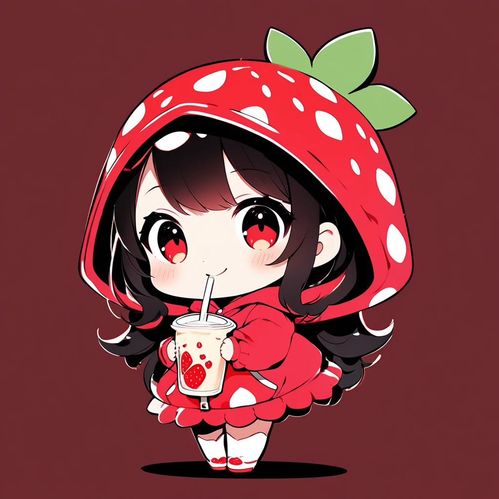 ultra-small deformation, Chibi Cute, 1girl, solo, full body, A Strawberry costume, strawberry hoodie, drinking condensed milk with straw, smile, High contrast and vivid color, simple background