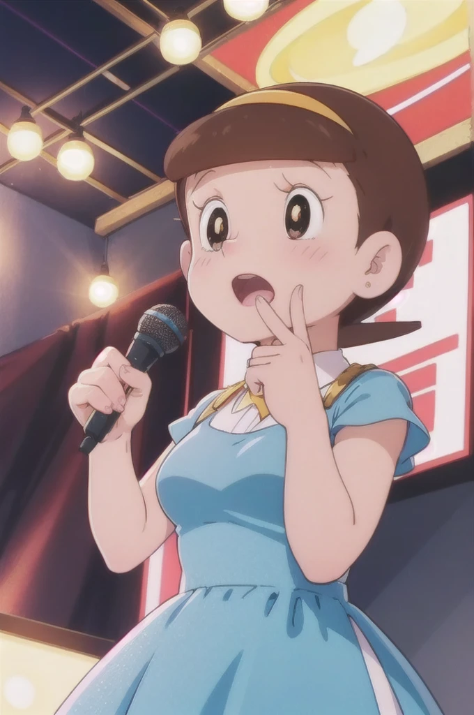 a beautiful idol girl hoshinosumire singing on stage, 1980s retro art style, 1990s style, detailed facial features, long eyelashes, detailed dress, cute expression, audience watching, best quality, 4k, 8k, highres, masterpiece, ultra-detailed, realistic, photorealistic, vivid colors, studio lighting, sharp focus, physically-based rendering, Full body image, Singing without a microphone, 5 heads, A bigger breasts. topless