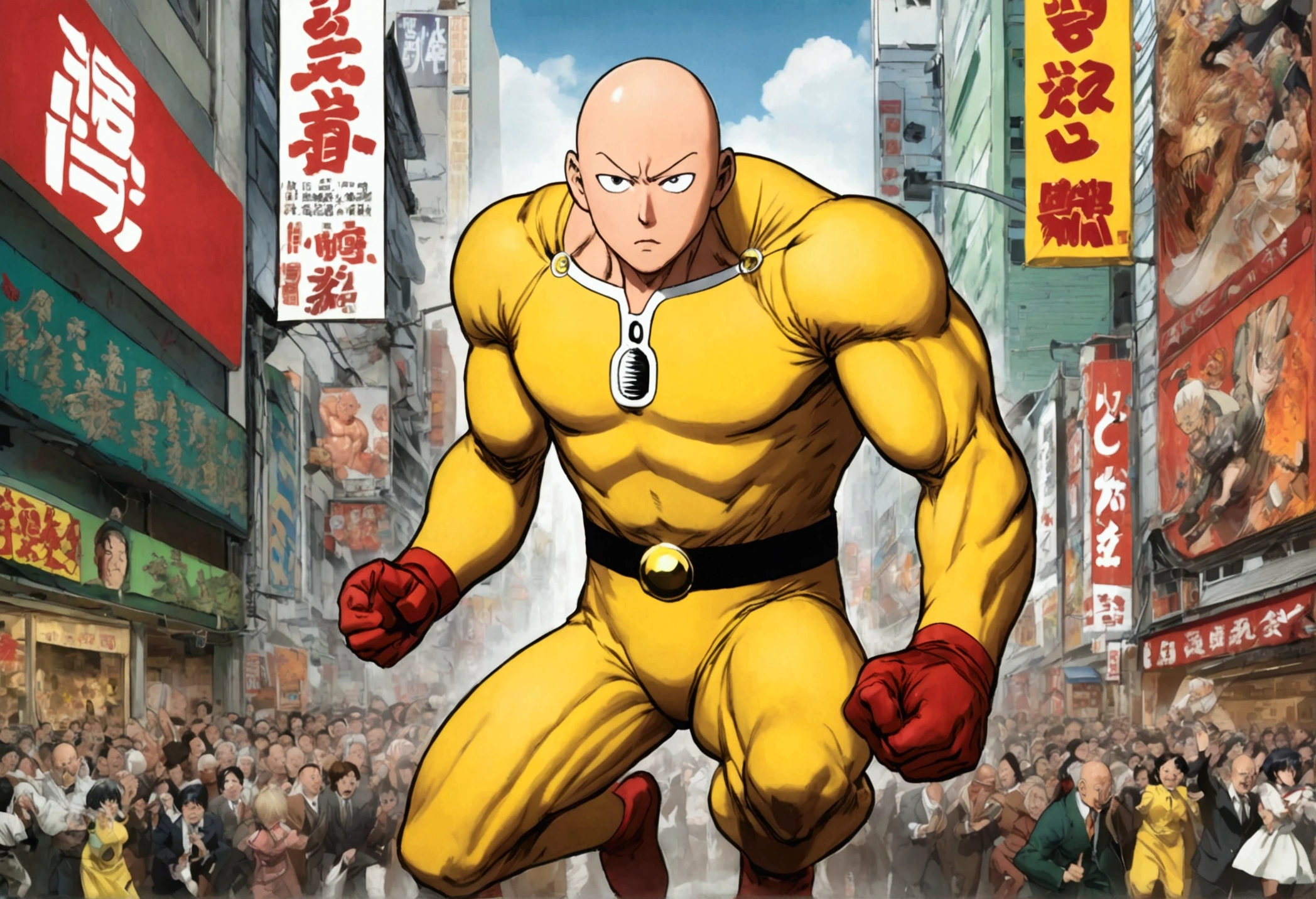 (Mad Magazine cover) Alfred E Newman as One Punch man Saitama in a heroic pose with classic Newman smile, Tatsumaki (extremely sexualized, big butt, big boobs, classic dress) very mad jumping up and down yelling at Saitama, bloody remains of a beast all over the crowd and downtown Tokyo