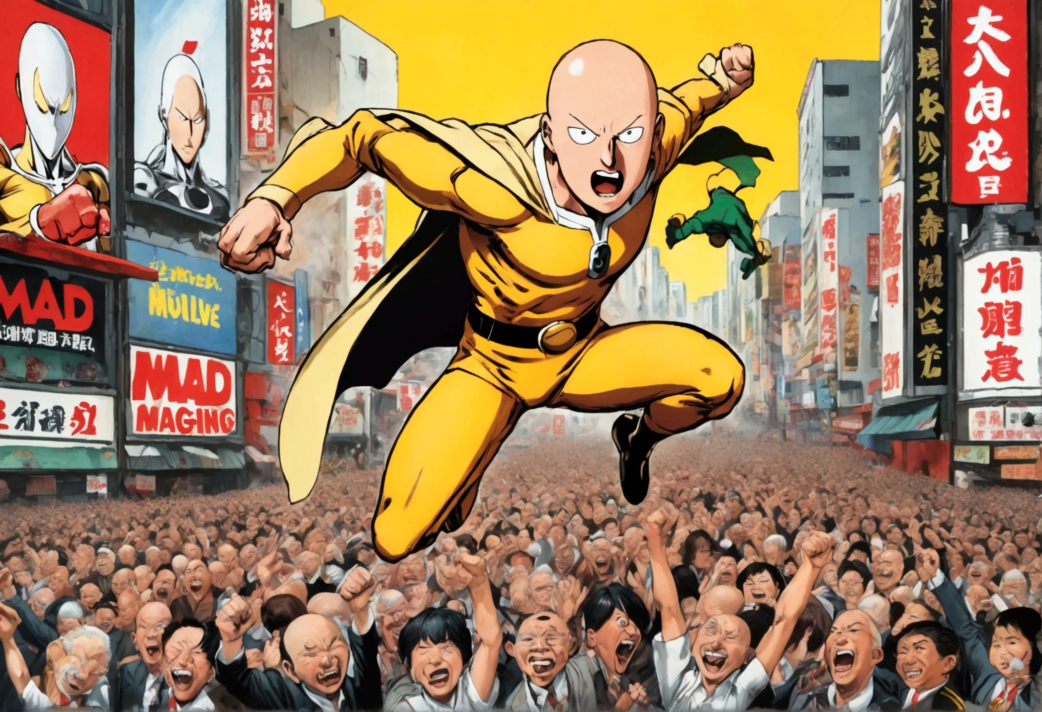 (Mad Magazine cover) Alfred E Newman as One Punch man Saitama in a heroic pose with classic Newman smile, Tatsumaki (extremely sexualized, big butt, big boobs, classic dress) very mad jumping up and down yelling at Saitama, bloody remains of a beast all over the crowd and downtown Tokyo