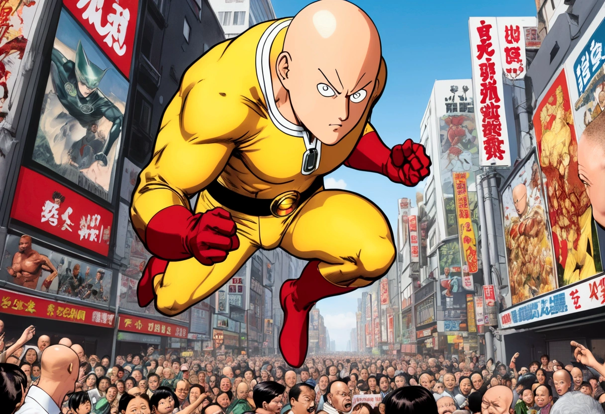 (Mad Magazine cover) Alfred E Newman as One Punch man Saitama in a heroic pose with classic Newman smile, Tatsumaki (extremely sexualized, big butt, big boobs, classic dress) very mad jumping up and down yelling at Saitama, bloody remains of a beast all over the crowd and downtown Tokyo