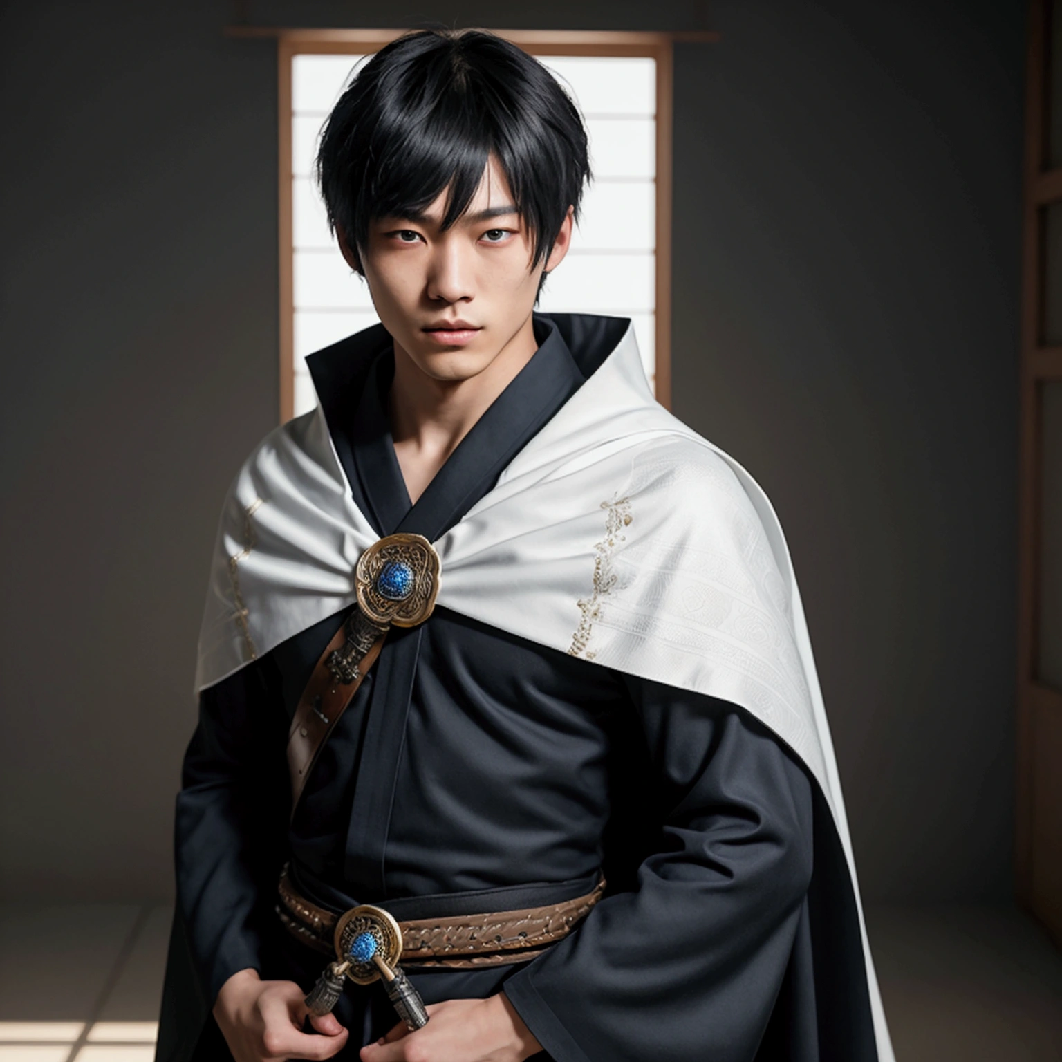 an eighteen year old Japanese man with a razualvemte full physique, have fair skin, I want you to have blue eyes and your hair covers your left eye with bangs, one eye covered by bangs, has a serious expression, and wears a white kimono, has a black cape on its back and has a strong look.. captured in an ultra-realistic full HD 4K portrait, detailed texture showing its menacing shape, Immersive atmosphere, high definition shadow play, digitalpainting, nevoa no environment. he is a swordsman. Add big bangs that cover your left eye completely.