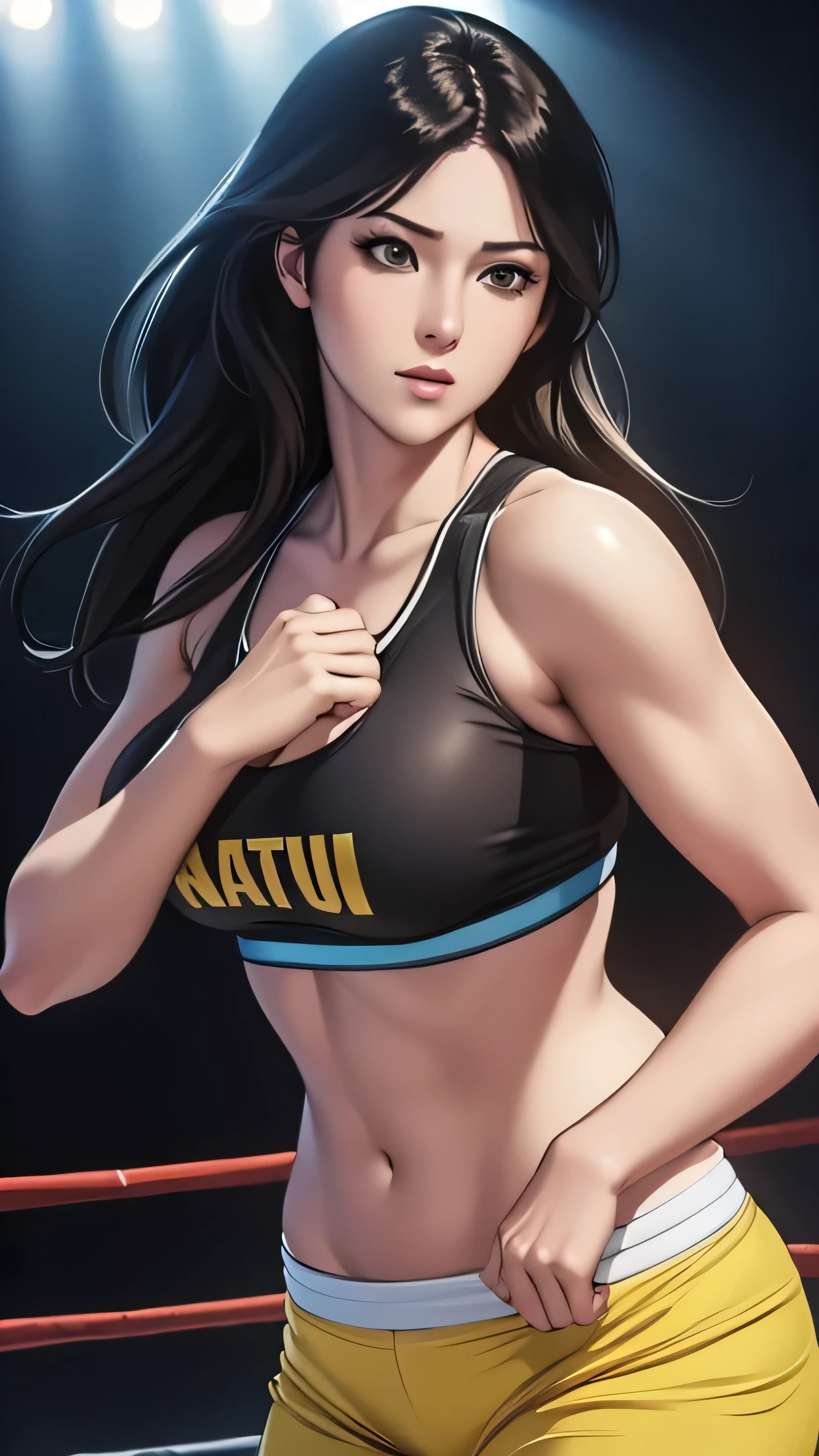 masterpiece, highest quality, very detailed, ultra high resolution, (photorealistic: 1.8), 非realistic_engine, photo shoot, realistic_skin_texture, wallpaper, Japanese face, (ultra detailed face), 8k, Trending with ArtStation, very detailed , highest quality, super detailed, realistic, Hitomi Kisuo, 1 girl, beautiful girl, long black hair, Detailed and beautiful eyes, beautiful detailed lips, eyelash, beautiful eyes, beautiful brown eyes, detailed face, beautiful face, beautiful face, sports bra, boxing gloves, light yellow band around the waist, bright colors, HDR, studio lighting, sharp focus, Action towards the audience, pose for the audience.