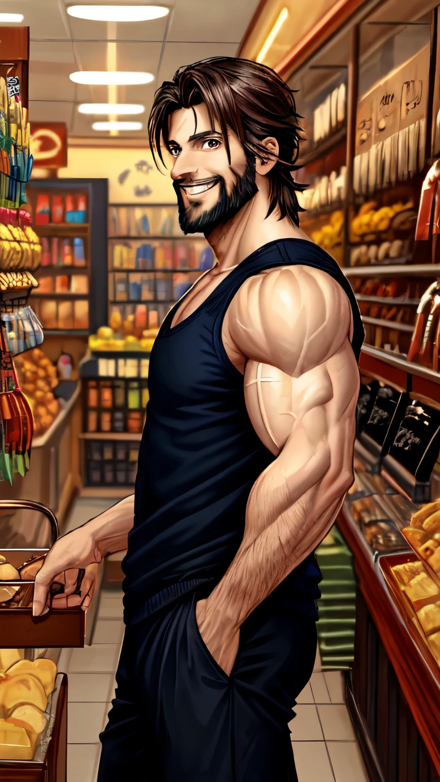 The boy stepping into a warm, inviting shop, met by a smiling, elderly shopkeeper with a big black and white beard, French Crop hairstyle, brown eyes, and a bodybuilder physique. Animated realistic style with vibrant colors and detailed features.