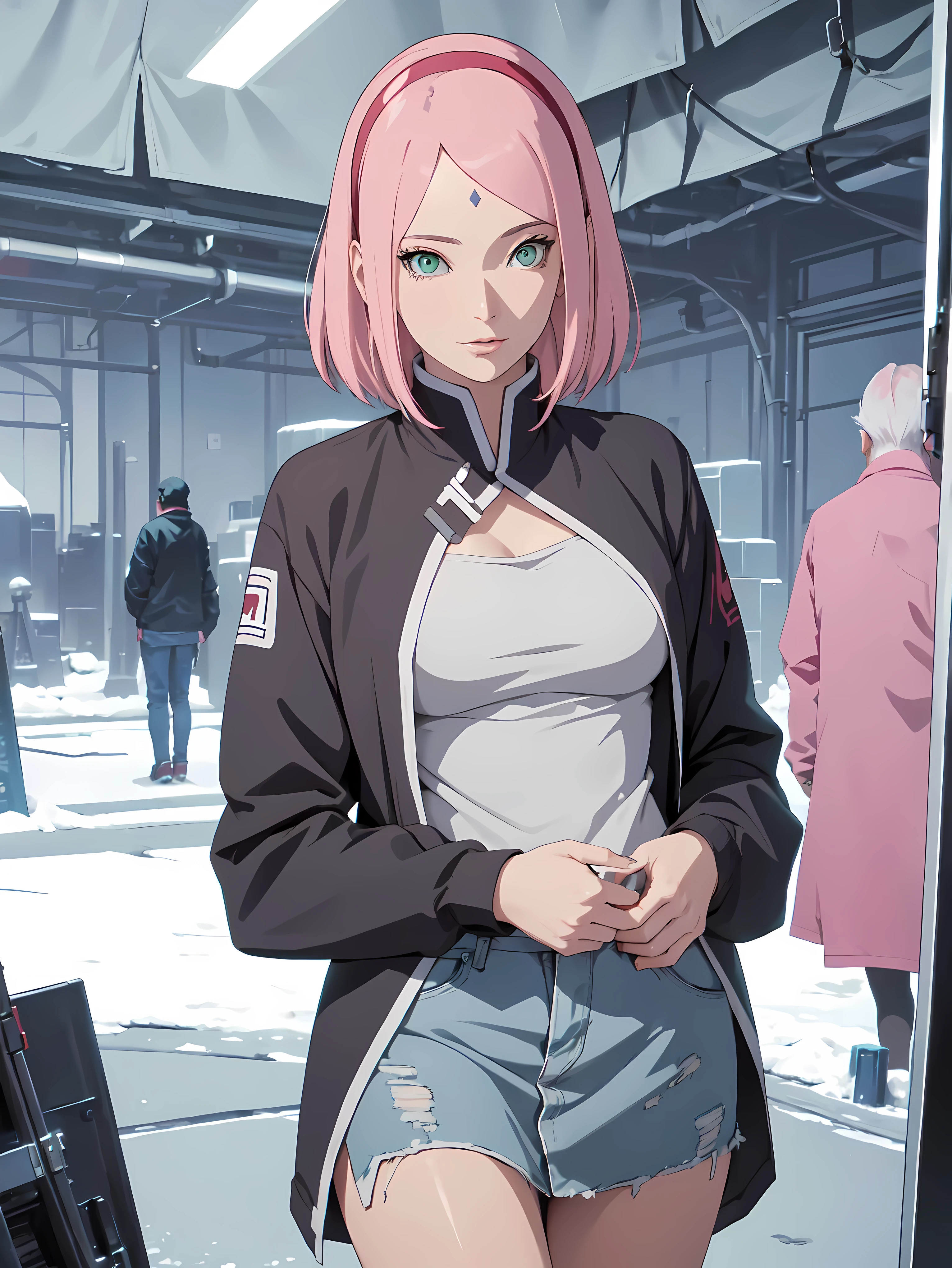 (best quality)), ((masterpiece)), (detailled), perfect face((best quality)), ((masterpiece)), (detailled), perfect face(best quality)), ((masterpiece)), (detailled), perfect face(best quality)), ((masterpiece)), (detailled), perfect face,stunning realistic, photorealistic, Photorealism, 1 girl sakura Haruno,pink hair, long hair, green eyes,dark blue diamond on the forehead,standing in a tent,arms behind back,sexy body,middle large breasts,open jacket, denim skirt