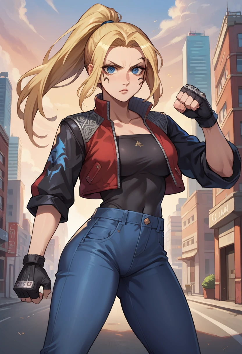 score_9, score_8_up, score_7_up, 1girl, solo, (female:1.5), female focus, female body, solo, zell, solo, blue eyes, gloves, jacket, blonde hair, long hair, medium ponytail, tattoo, gloves, facial tattoo, red jacket, black jacket, two-colours jacket, black shirt, fingerless gloves, short denim, standing, fighting pose, looking at you, city,