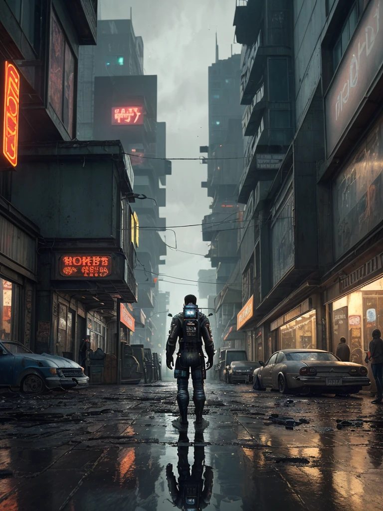 Create a highly detailed and realistic image of a cyberpunk-inspired environment where an astronaut stands at the edge of a worn platform, gazing at a sprawling, futuristic street in an older, gritty neighborhood. The scene is set in a dimly lit urban space, with weathered buildings that have a retro-futuristic design—modern yet not overly advanced, reflecting a sense of history. Cables dangle haphazardly from the walls, and puddles of rainwater collect on the uneven pavement, creating a reflective sheen. The ground is littered with debris, giving a sense of neglect and realism. Shops with flickering signs line the street, and a couple of dilapidated cars are parked nearby, hinting at a life once bustling. Neon lights glow softly, providing a moody atmosphere without overwhelming the scene. The perspective should be from a camera placed on the ground, focusing on the astronaut in the center, capturing the scene as if taken at ground level, enhancing the sense of depth and realism. The environment feels alive and vibrant, blending the charm of the past with the innovation of the future.