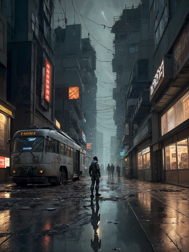 Create a highly detailed and realistic image of a cyberpunk-inspired environment where an astronaut stands at the edge of a worn platform, gazing at a sprawling, futuristic street in an older, gritty neighborhood. The scene is set in a dimly lit urban space, with weathered buildings that have a retro-futuristic design—modern yet not overly advanced, reflecting a sense of history. Cables dangle haphazardly from the walls, and puddles of rainwater collect on the uneven pavement, creating a reflective sheen. The ground is littered with debris, giving a sense of neglect and realism. Shops with flickering signs line the street, and a couple of dilapidated cars are parked nearby, hinting at a life once bustling. Neon lights glow softly, providing a moody atmosphere without overwhelming the scene. The perspective should be from a camera placed on the ground, focusing on the astronaut in the center, capturing the scene as if taken at ground level, enhancing the sense of depth and realism. The environment feels alive and vibrant, blending the charm of the past with the innovation of the future.