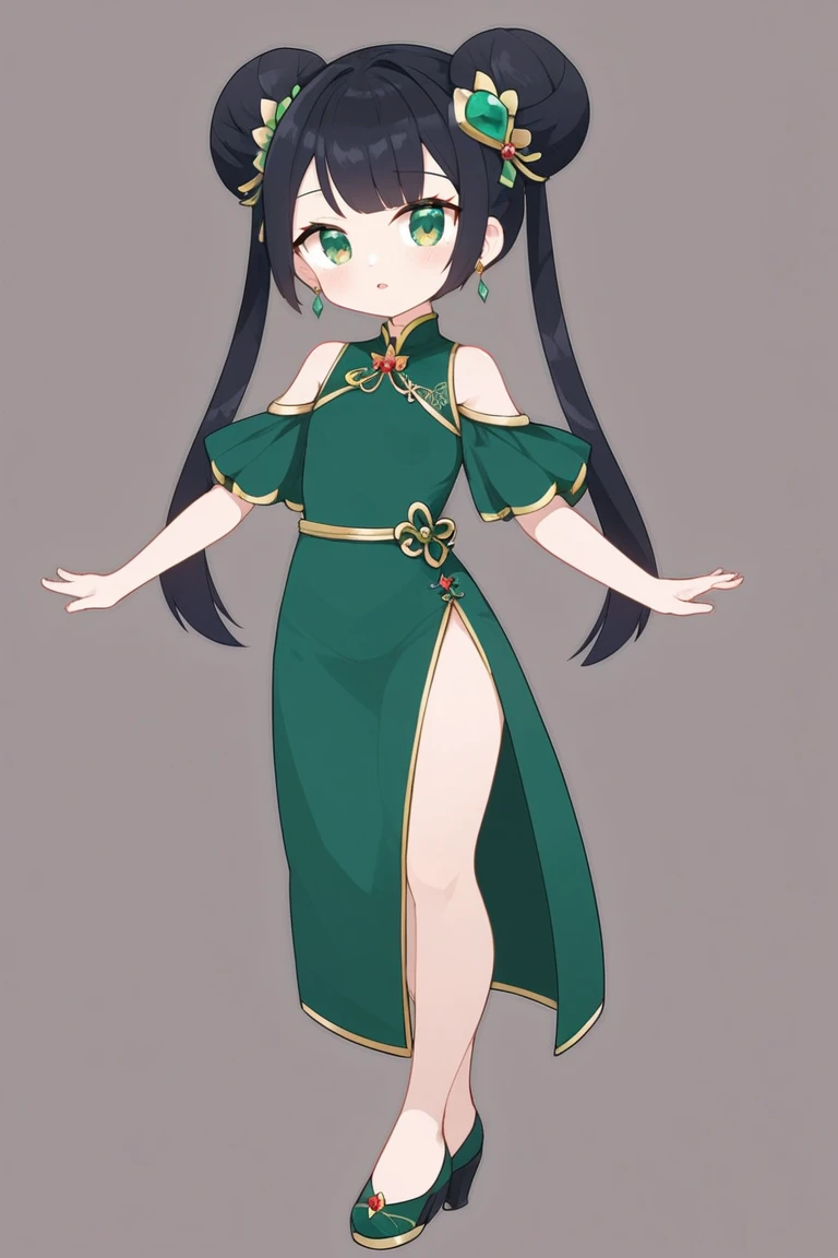 This is a realistic photo,full body shot,a chinese girl,biyao,1girl,solo,dress,twintails,black hair,hair ornament,long hair,Emerald,looking at viewer,jewelry,clothing cutout,green dress,simple background,green eyes,hair bun,earrings,shoulder cutout,double bun,