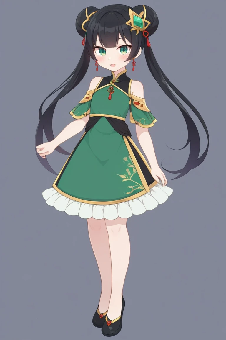 This is a realistic photo,full body shot,a chinese girl,biyao,1girl,solo,dress,twintails,black hair,hair ornament,long hair,Emerald,looking at viewer,jewelry,clothing cutout,green dress,simple background,green eyes,hair bun,earrings,shoulder cutout,double bun,