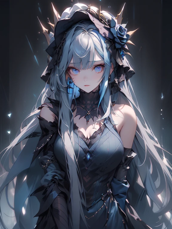 (masterpiece:1.2), highest quality, 1 female, alone, long long gray hair,   very long hair, bangs, (dark blue background:1.4), dark blue eyes, black bonnet with dark blue rose decoration, black gothic dress
