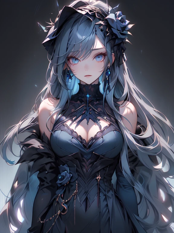 (masterpiece:1.2), highest quality, 1 female, alone, long long gray hair,   very long hair, bangs, (dark blue background:1.4), dark blue eyes, black bonnet with dark blue rose decoration, black gothic dress
