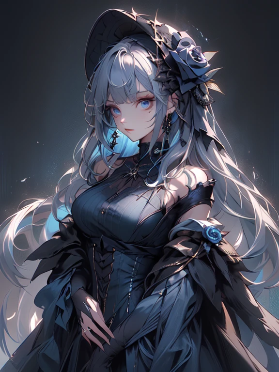 (masterpiece:1.2), highest quality, 1 female, alone, long long gray hair, very long hair, bangs, (dark blue background:1.4), dark blue eyes, black bonnet with dark blue rose decoration, black gothic dress