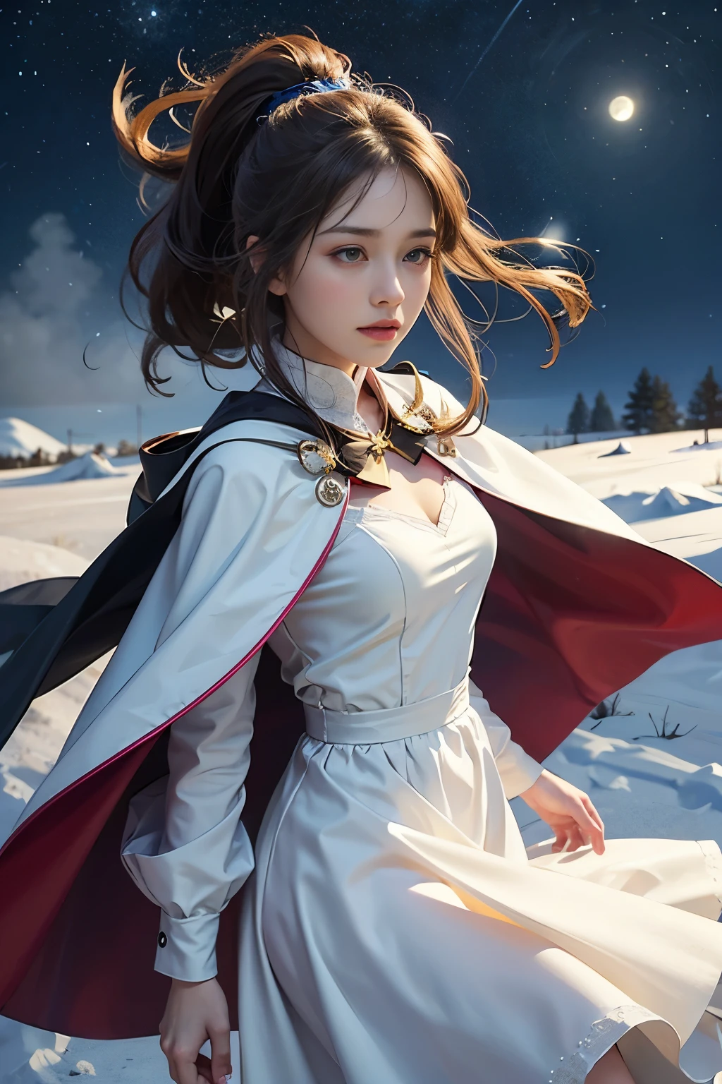 masterpiece, (highest quality: 1.2), (Super fine: 1.2), figure, (very delicate and beautiful: 1.2), film angle, floating, (beautiful detail eyes: 1.1), (detail light: 1.1), film light, delicate sky, woman, gray hair,(high ponytail: 1.1), shining eyeoon: 1.2), (moonlight: 1.1), starry sky, (particles of light: 1.1), fog , snow painting, sketch, bloom,Wind Flowers on a Clear Sky,cape,Powdery snow flurries on a clear day,The wind is blowing,Snow is falling,Women have the fortitude to endure sadness,34yo woman,Casual wear,Sad feelings,Dancing snow,The pain of losing a man,cape,Cape of Sadness,A cheap, mass-produced, plain dress,A typical cheap dress,Too beautiful mature woman,Casual everyday wear,Casual clothes that aren&#39;t too dressy,