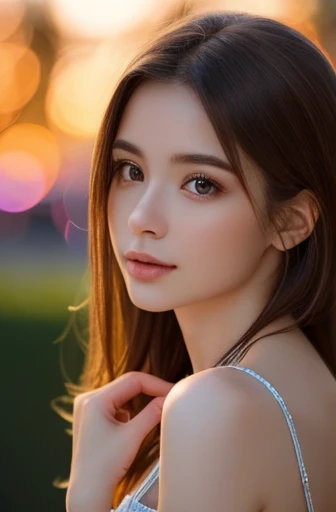 (Highest quality), (Very detailed), (figure), (Detailed light), (Very delicate and beautiful), One japanese Girl, 35 years old, Brown Hair, Brown eyes, Modeled, Exposing shoulders、Proudly:1.2), Highest quality, Very detailed CG synthesis 8k wallpaper, High-resolution color, Professional, (((bokeh))), Depth of written boundary, Twilight, sunset,
