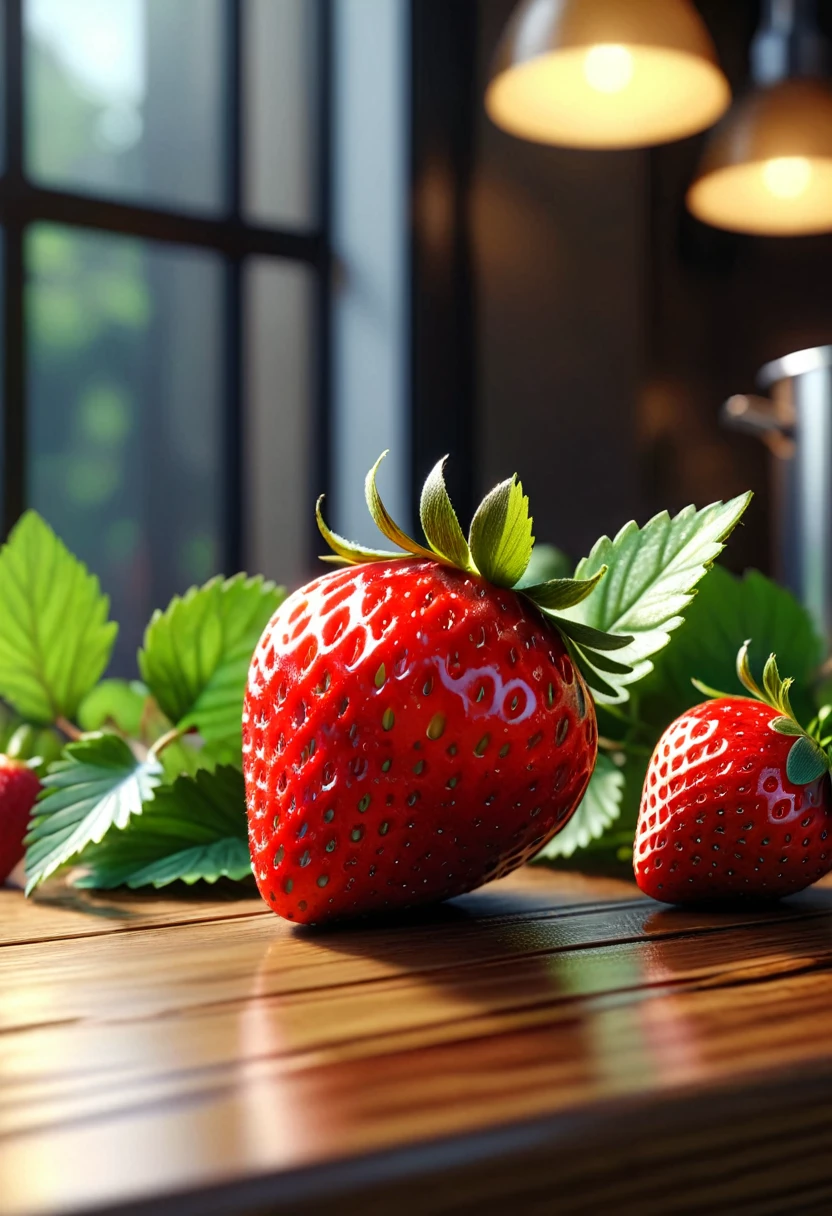 ((Masterpieces in up to 16K resolution):1.6),((soft_color_photography:)1.5), ((Super detailed):1.4),((Typical static images and dynamic angles):1.3),A fresh, shiny and intact strawberry.with leaves.Lay flat on wooden table.Modern kitchen background(Shimmer), (Visual experience) ,(realism), (actual),Award-winning graphics, Hidden Shot, film grain, Very detailed, Digital art, instant transfer, Unreal Engine, Scene concept anti-glare effect, All captured in sharp focus.