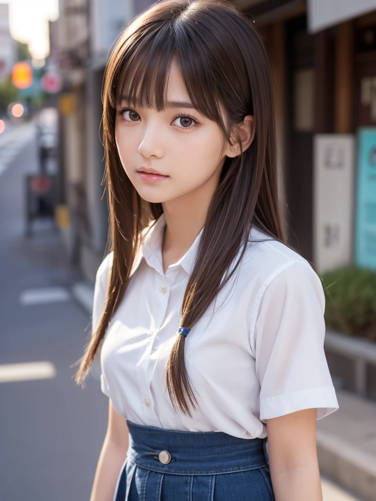 Product quality, 1 girl, Cowboy Shot, Front view, Young and pretty girl in Japan, Daytime, High school summer uniform, Wearing a mini skirt, Super cute face, Glossy Lips, Double eyelids on both eyes, (Natural Makeup), shiny smooth light brown hair with long hair,, Asymmetrical bangs, Center image, 8k resolution, Attention to detail, Detailed hairstyle, Detailed face, Cinema Lighting, Octane Rendering, Ultra-realistic, Perfect limbs, Perfect Anatomy,