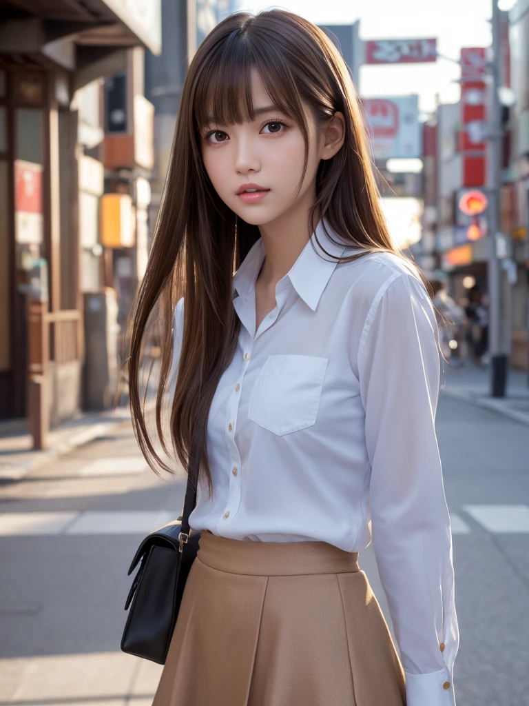 Product quality, 1 girl, Cowboy Shot, Front view, Young and pretty girl in Japan, Daytime, High school summer uniform, Wearing a mini skirt, Super cute face, Glossy Lips, Double eyelids on both eyes, (Natural Makeup), shiny smooth light brown hair with long hair,, Asymmetrical bangs, Center image, 8k resolution, Attention to detail, Detailed hairstyle, Detailed face, Cinema Lighting, Octane Rendering, Ultra-realistic, Perfect limbs, Perfect Anatomy, 
