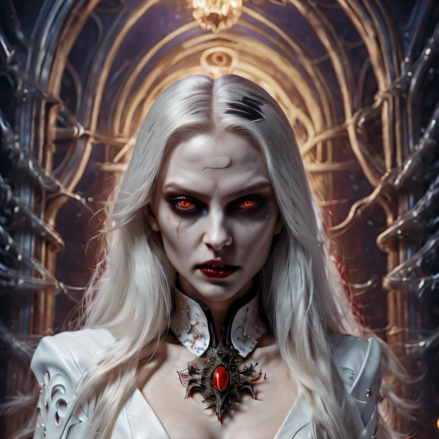 UHD, retina, accurate, anatomically correct, textured skin, super detail, high details, high quality, best quality, highres, 16k, red eyed woman vampire in a dark haunted house with spider webs, halloween pumpkins and purple accents