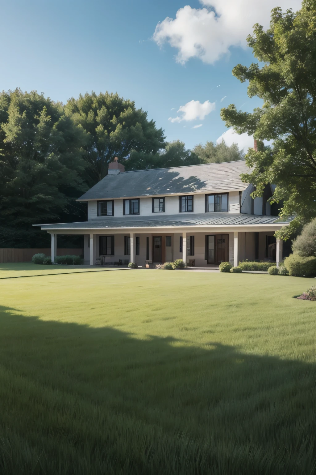 drawing of a house from the front, with a green field in front,with family and friends talking in front of the house