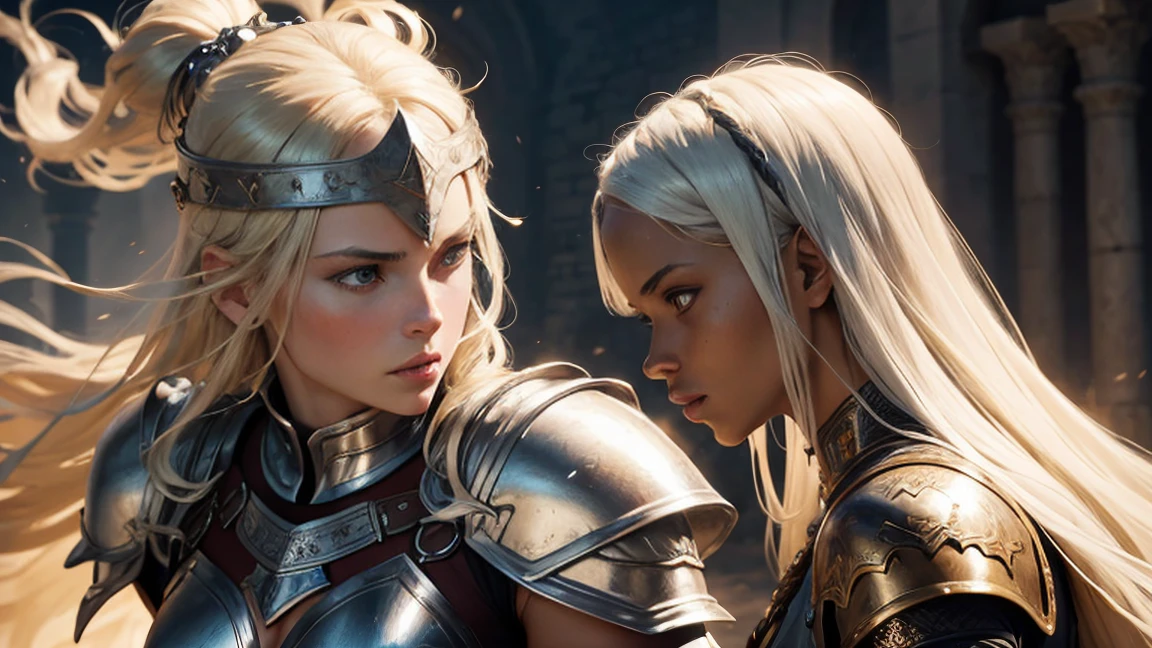 White a blond girl in white armor, an african woman with a sword, female warriors fighting, intricate detailed armor, detailed facial features, dynamic action poses, chiaroscuro lighting, rich saturated colors, fantasy medieval setting, cinematic dramatic composition