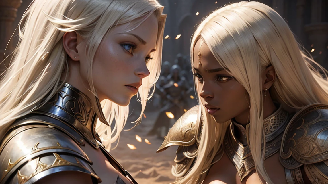 White a blond girl in white armor, an african woman with a sword, female warriors fighting, intricate detailed armor, detailed facial features, dynamic action poses, chiaroscuro lighting, rich saturated colors, fantasy medieval setting, cinematic dramatic composition