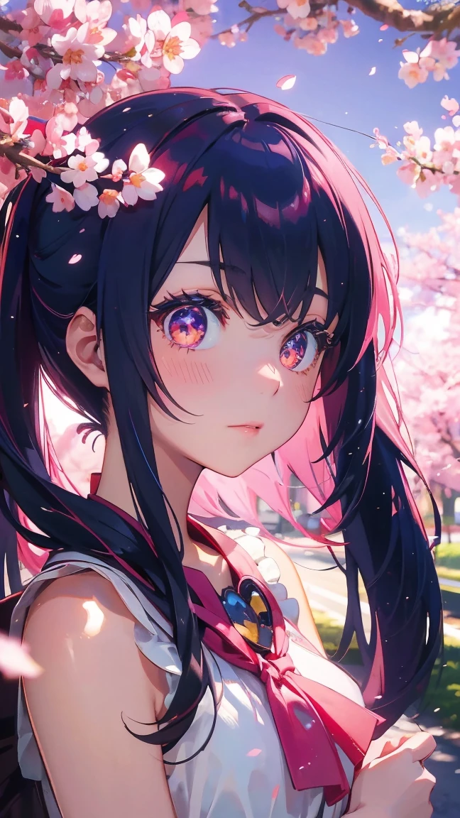1 Anime Girl, alone,Black petals flutter, Mysteriously glowing erfly.city,Bright pink hair,red gem eyes,Long twin tails,Thin legs,Very clear,Highest quality,辺り一面のcherry blossoms,都city,cherry blossoms,cherry blossomsミク,Beautiful Morning,Asahi,Face close-up,sunny,cherry blossomsを見上げる,slope