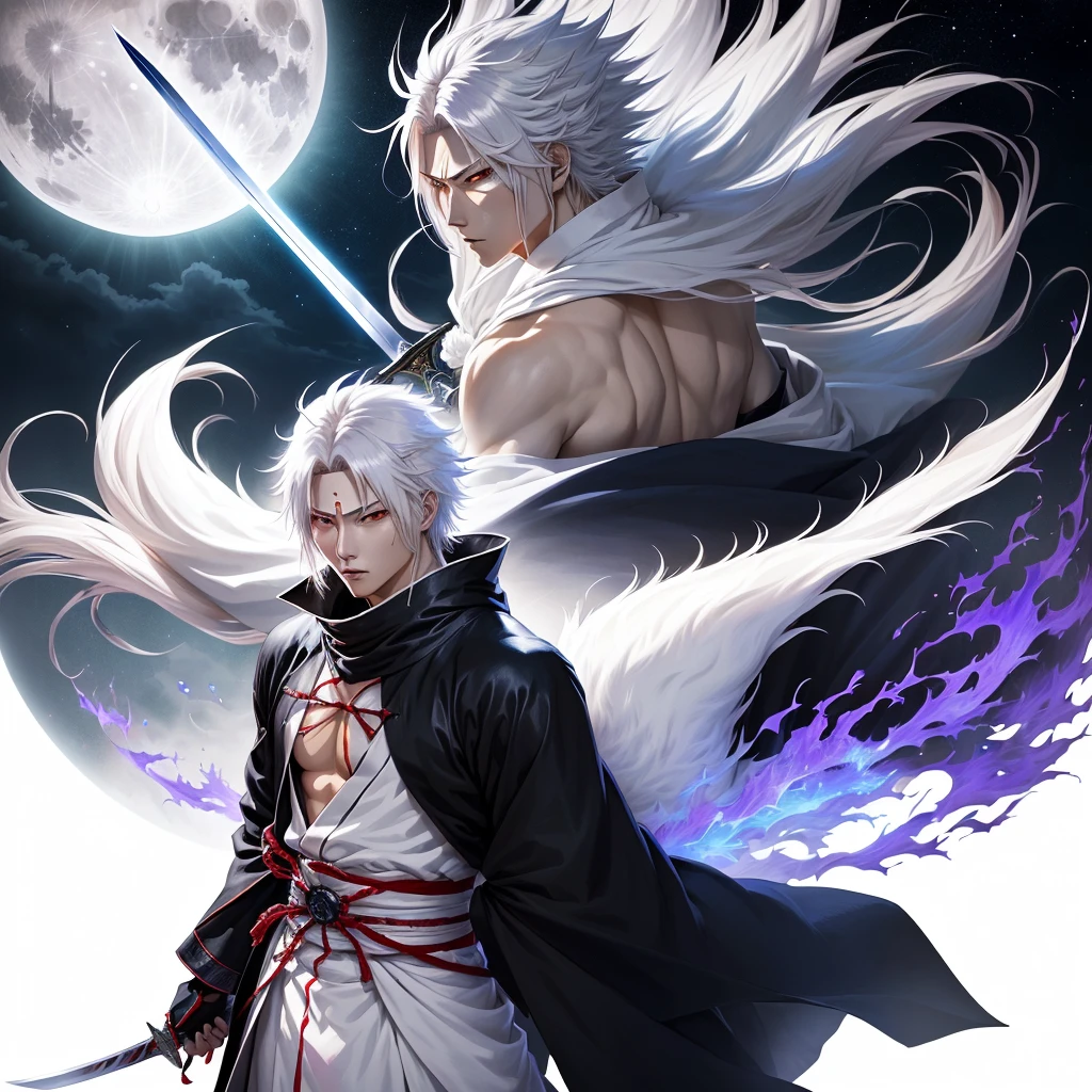 anime character with sword and robe holding a sword in front of the full moon, bleach manga style, Ichigo Kurosaki, Beautiful male god of death, Akiyuki Shinbou, Shikanosuke Yagaki, bleach, official art, white fox anime, White haired deity, Kazuya Tsurumaki, A silver haired madman, yakisugi based on the anime Bleach