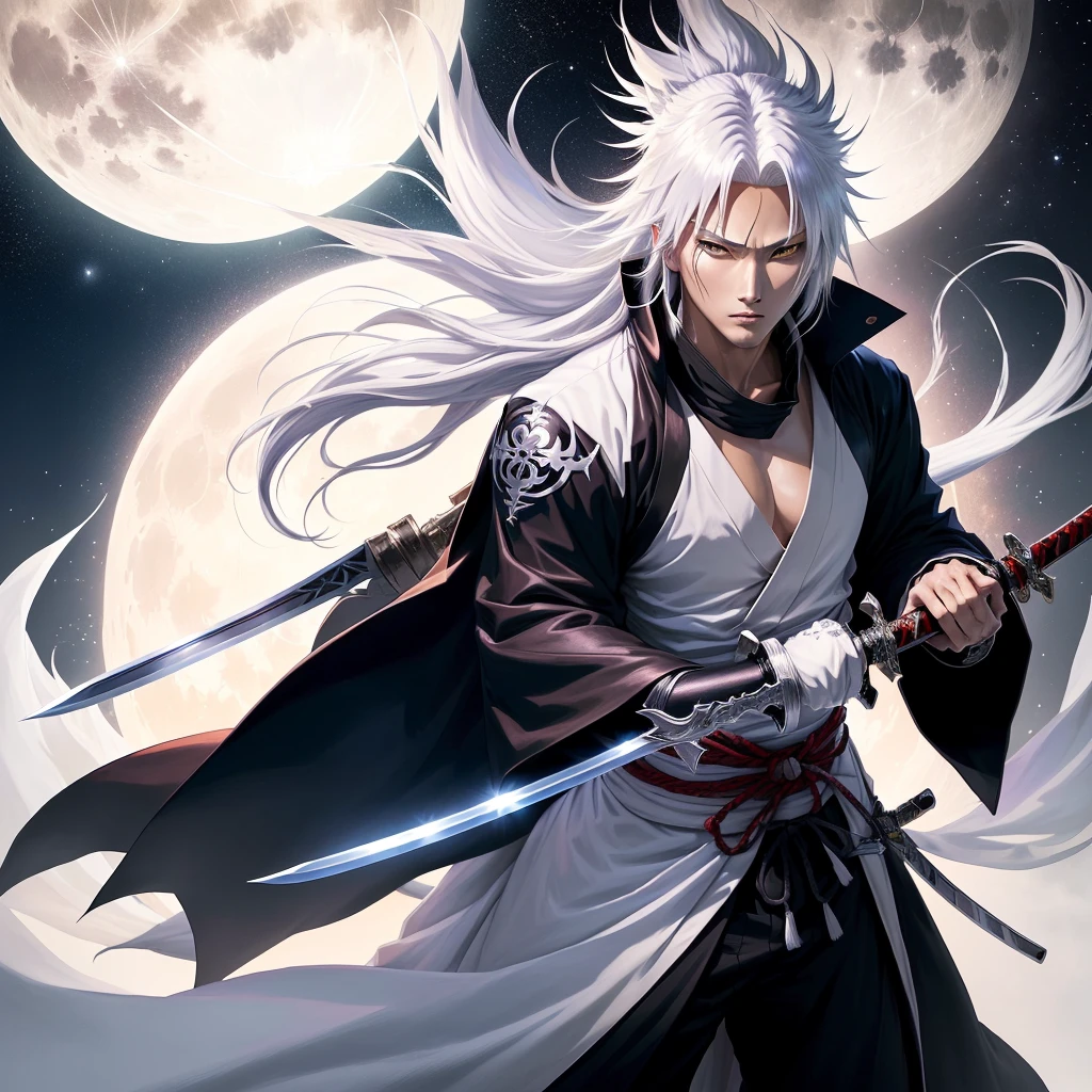anime character with sword and robe holding a sword in front of the full moon, bleach manga style, Ichigo Kurosaki, Beautiful male god of death, Akiyuki Shinbou, Shikanosuke Yagaki, bleach, official art, white fox anime, White haired deity, Kazuya Tsurumaki, A silver haired madman, yakisugi based on the anime Bleach