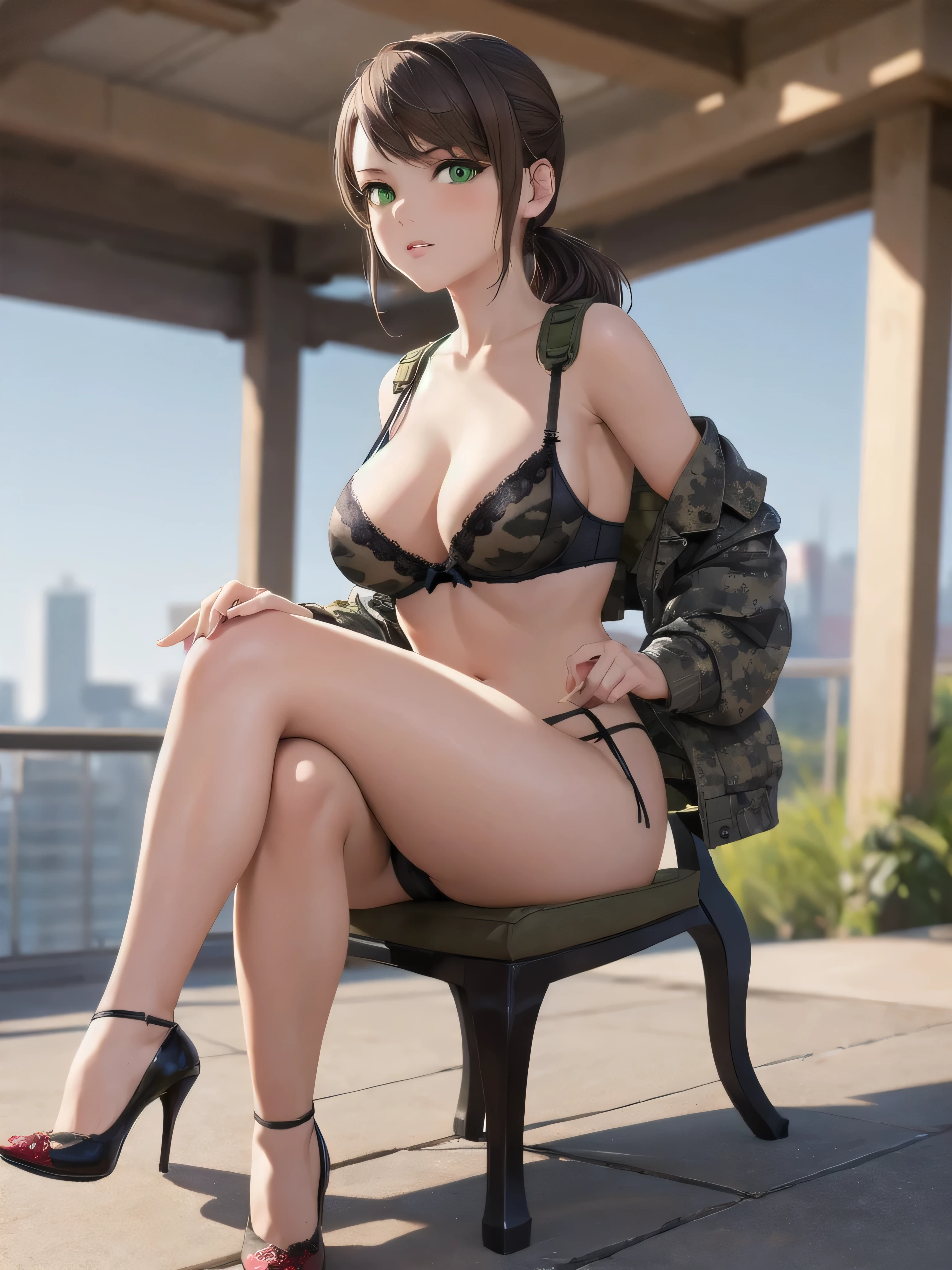 quietmetalgear, ponytail, wide hips, thighs, solo girl, edgPanties, a woman in ([military camouflage lingerie]:1.25),wearing edgPanties, sexy clothing, superb embroidery, brown hair, ponytail, green eyes, long hair, sitting, crossed legs, pink high heels