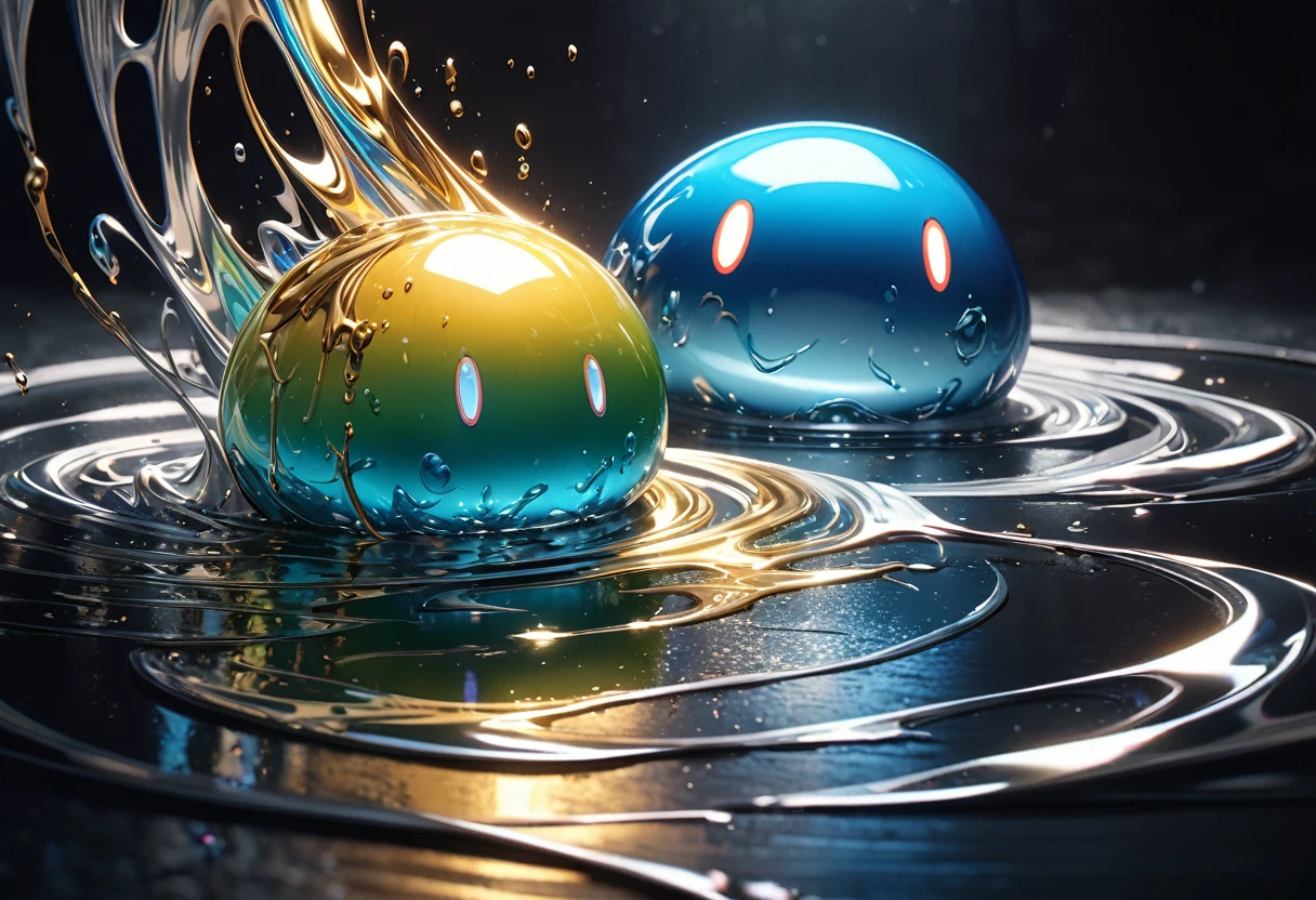 Metallic Slime, Only 1, Sloppy, melt, flowing metal, masterpiece, High resolution, 8k, Cinema Lighting, Very detailed, Realistic, Dramatic Shadows, Intricate details, Gloomy atmosphere, beautiful, moving composition, Complex Texture, Seamless blending, Glossy surface, Shining metal, Melt Flow, beautifulなフォルム, Striking contrast, 非Realisticで夢のような, Surreal, Smooth expression, Complex color palette, Precise brushwork, beautifulな芸術, The essence of metal, A captivating moment,