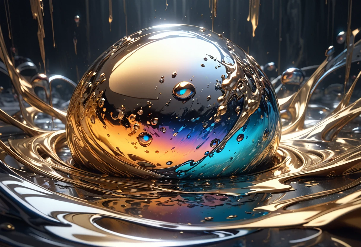 Metallic Slime, Only 1, Sloppy, melt, flowing metal, masterpiece, High resolution, 8k, Cinema Lighting, Very detailed, Realistic, Dramatic Shadows, Intricate details, Gloomy atmosphere, beautiful, moving composition, Complex Texture, Seamless blending, Glossy surface, Shining metal, Melt Flow, beautifulなフォルム, Striking contrast, 非Realisticで夢のような, Surreal, Smooth expression, Complex color palette, Precise brushwork, beautifulな芸術, The essence of metal, A captivating moment,