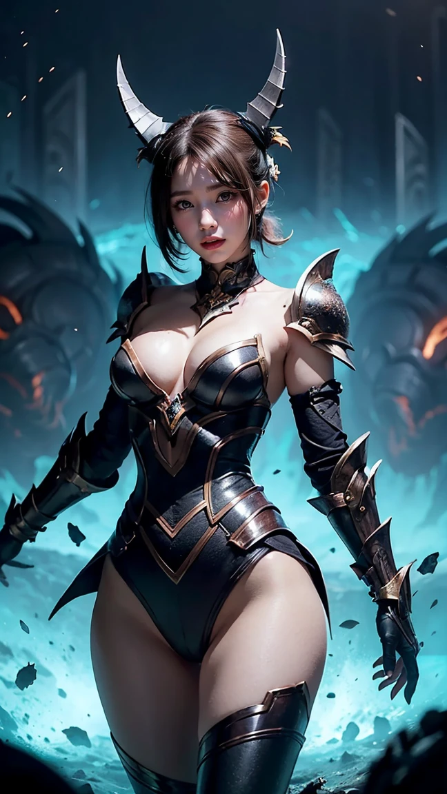 "Create an image of Bel'Veth from League of Legends by Riot Games in her classic form,no having clothes, wearing her void-infused armor with dark, swirling patterns, having massive k-cups:1.55. She's standing in the middle of a chaotic void rift, surrounded by dark energy and monstrous creatures, in an attractive pose with a menacing, commanding presence."
