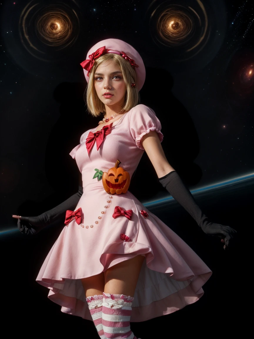 (1 lady), The beautiful, (Best quality at best:1.4), (ultra - detailed), (extremely detailed CG unified 16k), gold blonde hair, very detailed, High-definition RAW color photo, professional photoshooting, amazing face and eyes, cosmetics, (amazingly beautiful girl), ((lambdadelta, taller, tall woman)), ((dress, shoes bow, red shoes, striped stockings, red bow, pink hat, necklace, gloves, pearl, pumpkin brooch, pink dress)), levitating in a cute posture (floating in the air), (She's levitating in a cosmic sea, outer space:1.3, quantum hyperspace room lacking walls, hyperspace chamber, extremely detailed background, a lot of details background, realistic background), (look from above), realistic cinematic face, head to feet long wide zoomed out view, full body long view, photorealistic, ((realistic natural blonde hair style, red eyes)), gorgeous, extremely beautiful face, perfect model beauty, pout mouth, Highly Detailed Face and Skin Texture, Detailed Eyes, Double Eyelids, Big Breasts, Persistent Stare, Faith Trance, (mystical stare, looking eternity), (masterpiece), best quality, high resolution, depth of field, cinematic lighting, amazing legs, pink combat boots, clear and well-cared skin