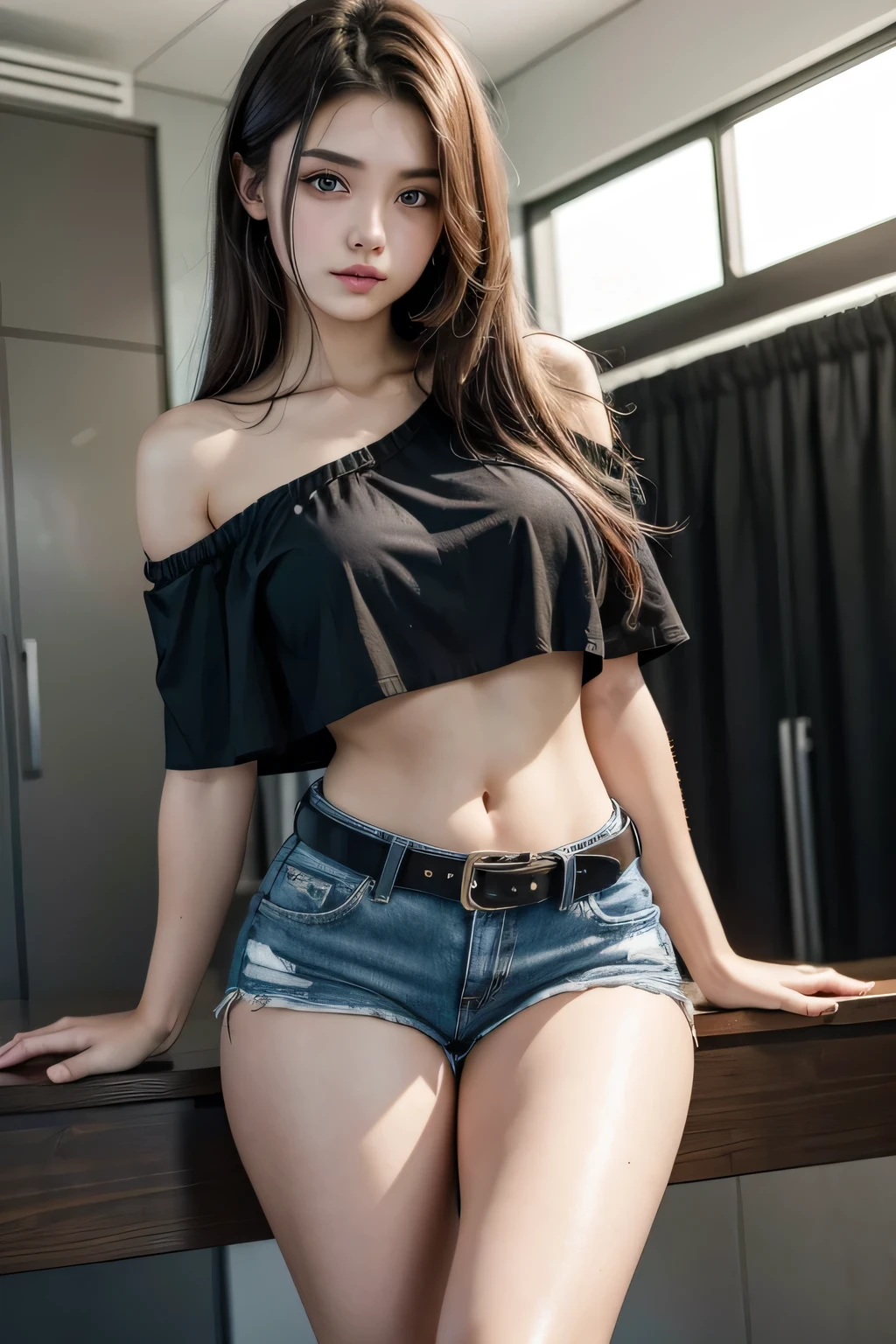 Girl in denim skirt posing for photo, full body, legs spread slim figure, smaller bust, slim girl model, 24 years old female model, pronounced chest line exposed chest dark V white bra